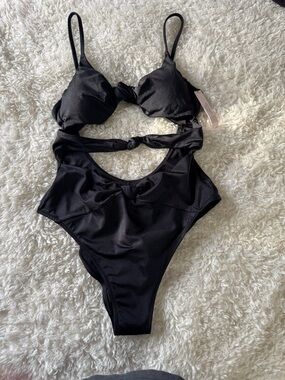 Victorias Secret One Piece Swimsuit Women Black Ruched Knot Cutout Sz Large NEW